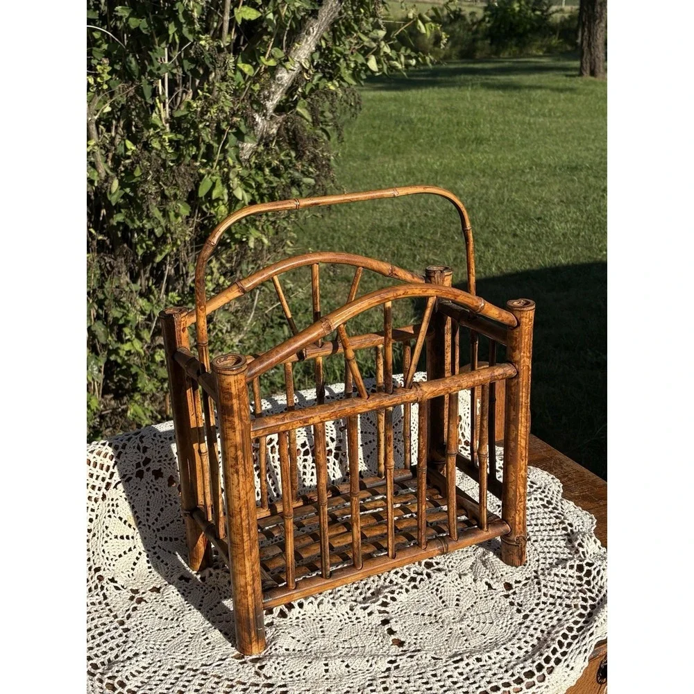 Vintage Bamboo Rattan MCM Magazine Rack Vinyl Storage Holder 14